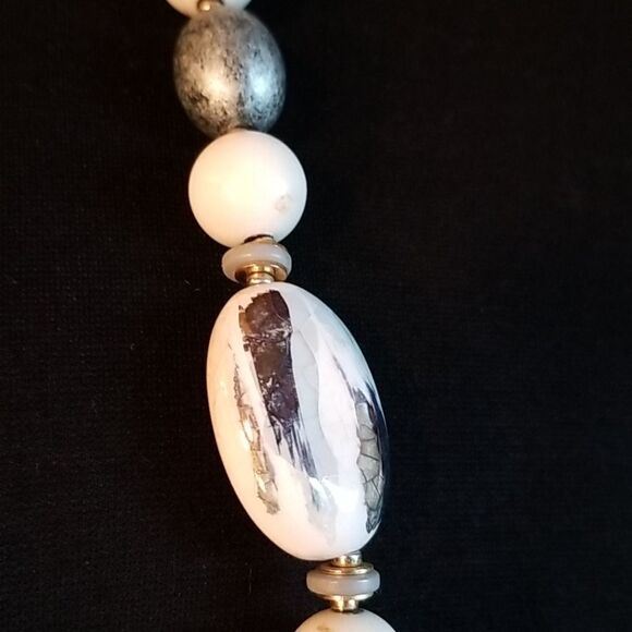 Silver and White Clay Pendant Handmade Necklace - Picture 3 of 6